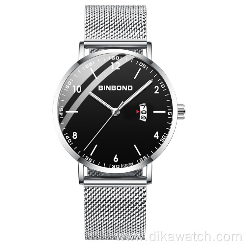 Binbond New Arrival Quartz Watch For Men with Mesh Stainless Steel Calendar Black Wrist Watch Fashion Casual Military Watches